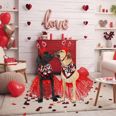 6 Pcs Valentines Day Dog Costume Set Including 2 Pcs Red Heart Headband 2 Pcs Buffalo Plaid Pet Bandana 2 Pcs Red Tutu Skirt, Cupid Headband Dog T...