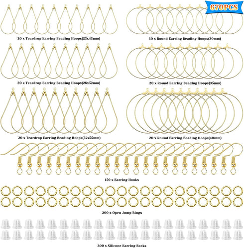 670Pcs Earring Making Kit with 120 Earring Beading Hoops Earring Finding Beading Hoop Earrings Bulk,150 Hooks,200 Jump Rings,200 Earring Backs for...