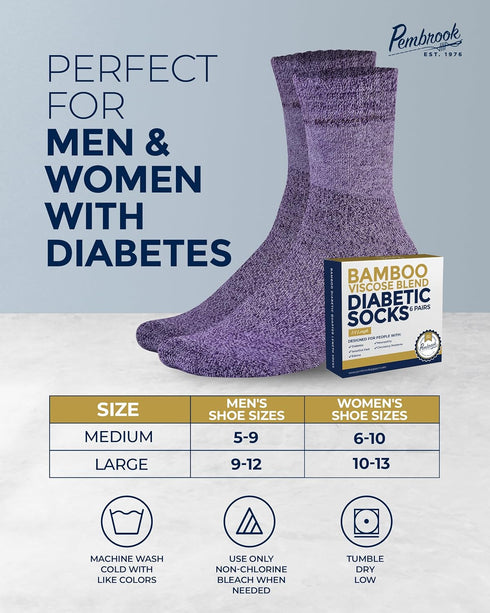 Pembrook Bamboo Viscose Diabetic Socks for Women & Men - 6 Pairs Ankle Socks for Swollen Feet | Neuropathy Socks | Wide Calf and Ankle Socks | Ede...