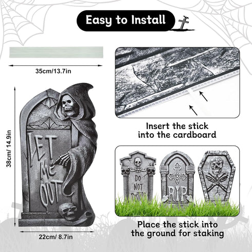 6-Piece Halloween Tombstone Yard Signs with Stakes - Large Eerie Graveyard Design, Spooky Skulls and RIP Messages for Haunted House, Outdoor Garde...
