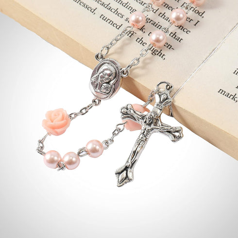 Nazareth Store Catholic Pink Pearl Beads Rosary Necklace Maddona Holy Soil Medal & Cross Crucifix...