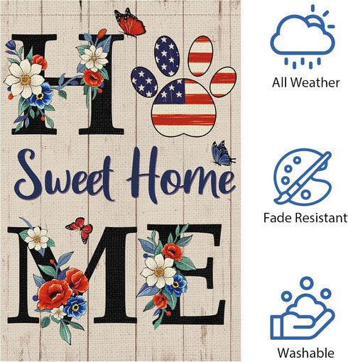Home Sweet Home Patriotic Garden Flag 4th of July Floral Flag 12x18 Inch Double Sided, America Independence Day Flag Memorial Day Butterfly Yard B...