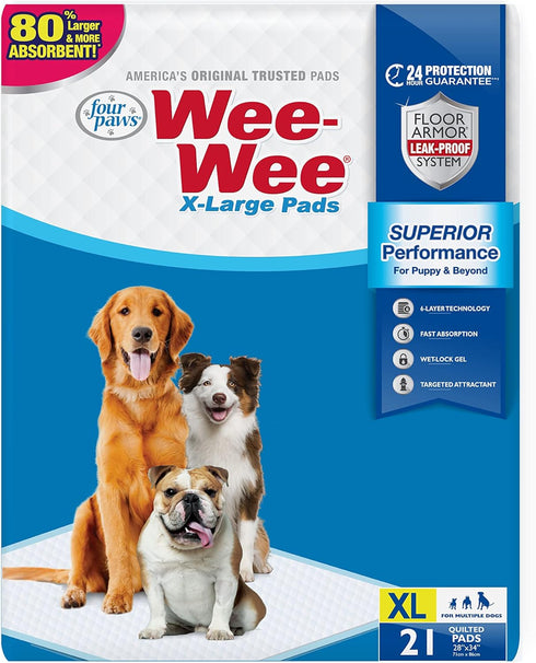 Four Paws Wee-Wee Superior Performance XL Pee Pads for Extra Large Dogs, Leak-Proof Floor Protection Dog & Puppy Quilted Potty Training Pads, Unsc...