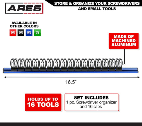 ARES 62027 - Blue 16.5-Inch Hand Tool Holder - Aluminum Rail Stores up to 16 Screwdrivers or Small Tools and Keeps Your Garage Organized...