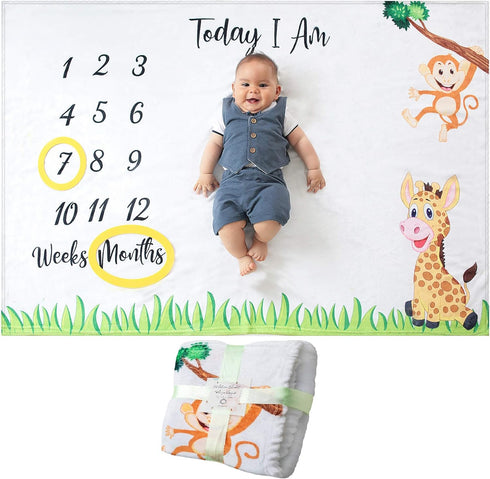 Baby Monthly Milestone Blanket | for Newborn Boy or Girl, Unisex | Month Blanket Baby for Pictures | Jungle Safari, Giraffe & Monkey Theme | Perso...