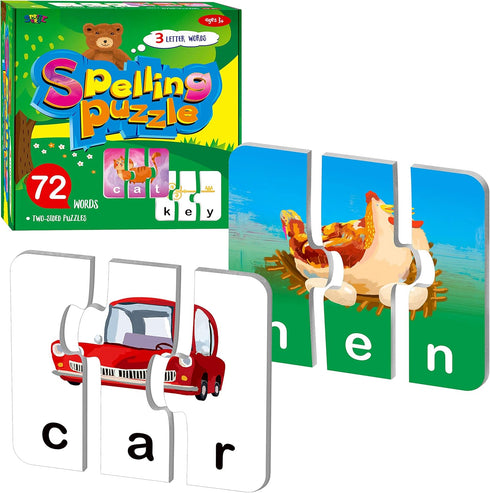 72 Word Spelling Puzzles with Error-Correction Mechanism in 3 Pieces, Perfect for Preschool Learning (36 Block Double Sided)...