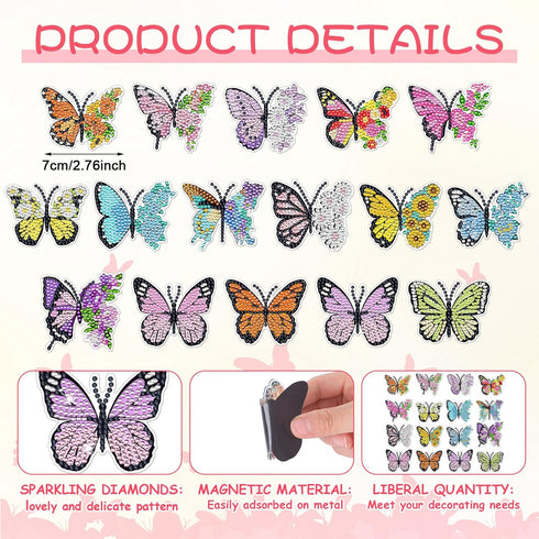 16 Pcs Butterfly Diamond Painting Magnets for Refrigerator Butterfly Diamond Art Magnets DIY Diamond Painting Kits Diamond Art for Adults Kids Cra...