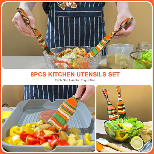 Spurtles Kitchen Tools, 8 Pcs Silicone Cooking Utensil Set,Pakkawood Spurtle Set, Silicone Kitchen Utensils Set with Natural Wooden Handle,Wooden ...