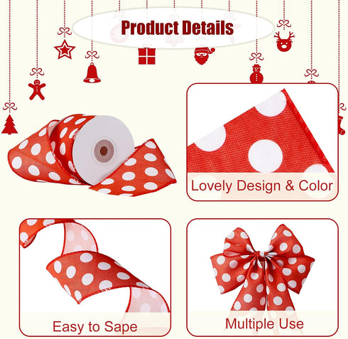 2 Rolls Polka Dot Wired Edge Ribbons 12 Yards 2.5 Inch Wide Grosgrain Polka Dot Craft Ribbon for Christmas Hair Bows Gifts Wrapping Floral Craft H...