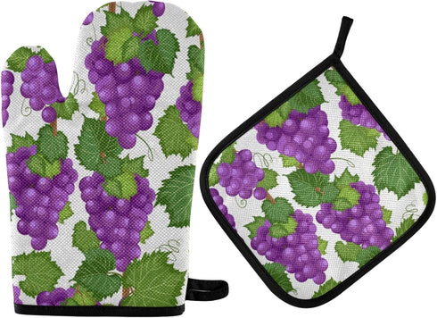 Potholders and Oven Mitts Purple Grape Vine and Leaves Non Slip Heat Resistant Oven Mitts and Pot Holders Sets for Kitchens for Baking Finger Hand...