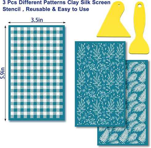 Juome Silk Screen Stencils for Polymer Clay, 3Pcs Reusable Silk Screens Printing Kit with 2Pcs Scrapers, Polymer Clay Tools for Earring Jewelry Ma...