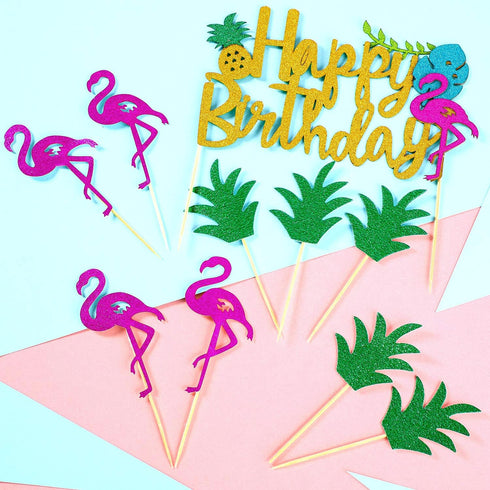 Maitys 25 Pcs Tropical Cupcake Decoration Hawaiian Luau Aloha Cake Toppers Glitter Leaf Pineapple Flower Palm Tree Flamingo Cupcake Picks for Hawa...