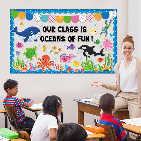 85Pcs Ocean Bulletin Board Set Ocean Sea Animals Cutouts Classroom Bulletin Board Decoration Under The Sea Borders Marine Fish Cutouts for Educati...