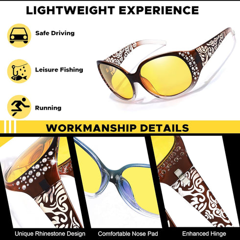 LVIOE Night-Vision Driving Glasses Wrap Around Anti Glare with Polarized Yellow Lens for Women...