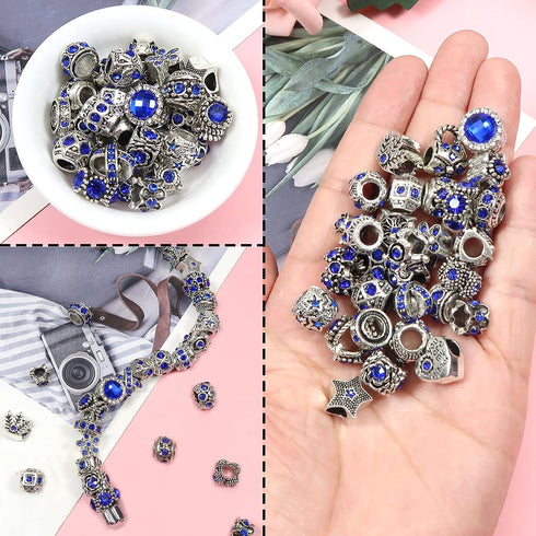 TOAOB 30pcs Dark Blue Large Hole European Beads Antique Silver Metal Rhinestone Rondelle Spacer Charms Beads Assortments for Bracelets Necklaces J...