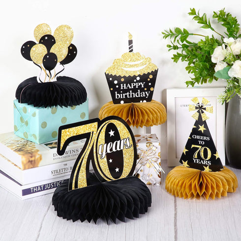 8 Pieces Cheers to 70 Years Birthday Decorations 70th Birthday Honeycomb Centerpieces Black Gold Table Toppers 70th Party Decorations for Seventy ...