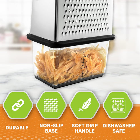 Spring Chef Professional 10" Parmesan Cheese Grater With Container, Stainless Steel & Soft Grip Handle, 4 Sided Kitchen Cheese Shredder, Handheld ...