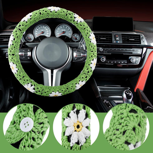 Frienda 8 Pcs Crochet Car Accessories Set Handmade Crochet Steering Wheel Cover 2 Pcs Belt Cover Hanging Cute Plants 4 Pcs Air Vent Clip for Women...