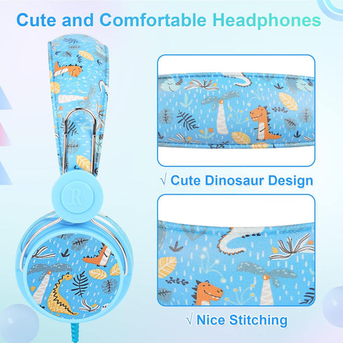 QearFun Dinosaur Headphones for Boys Kids for School, Kids Wired Headphones with Microphone & 3.5mm Jack, Teens Toddlers Noise Cancelling Headphon...