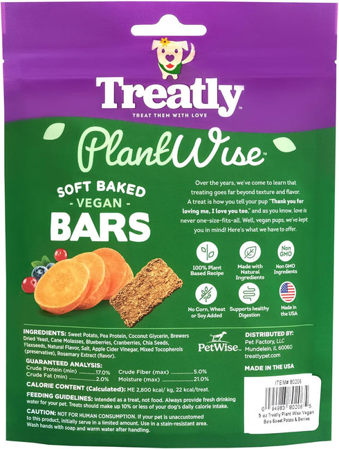 PlantWise Sweet Potato & Berries Vegan Bars Dog Treats - Plant Based Dog Snacks - 5oz/1 Pack...