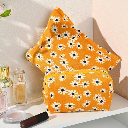 2 Pieces Little Flower Makeup Bag Large Cosmetic Bag Capacity Canvas Travel Toiletry Bag Organizer Cute Makeup Brushes Aesthetic Accessories Stora...