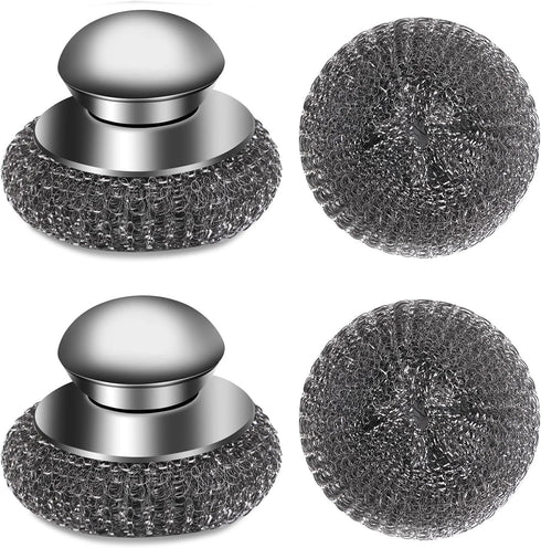 4pcs Steel Wool Scrubber with Replacement Wire Pads Set, Stainless Steel Scrubber with Handle for Scouring Stubborn Messes from Cast Iron, Pots, P...
