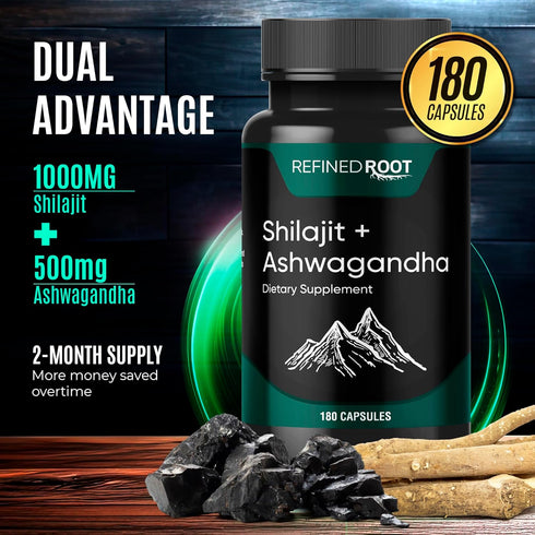 Shilajit Supplement 1000mg & Ashwagandha Supplements 500mg (180 Capsules) Shilajit Pure Himalayan Organic - Stronger Than Authentic Shilajit Resin...