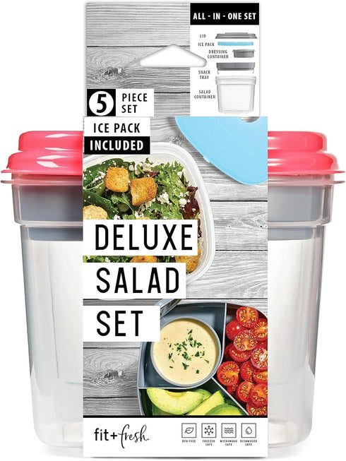 Fit & Fresh Pink Salad Container For Lunch, 4 Cup Adult Salad Lunch Box With Compartments & Ice Pack...