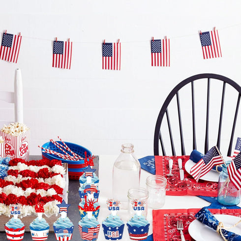 24 PCS 4th of July Cupcake Toppers Wrappers USA Patriotic Cupcake Liners for Cake Decoration Supplies, Independence Memorial Day Party Cake Decora...