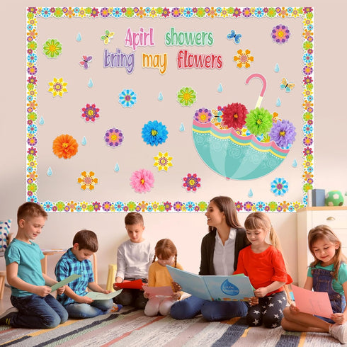 TaoBary 96 Pcs April Showers Bring May Flowers Bulletin Board Cutouts with 3D Tissue Paper Flower Spring Bulletin Board Classroom Decoration for S...