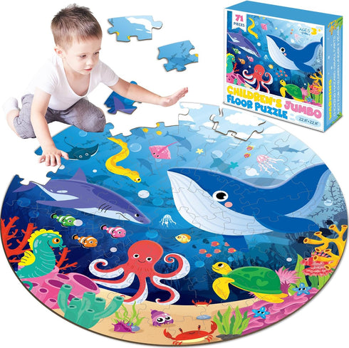 22.8 inch Jumbo Floor Puzzle for Kids Under The Sea Large Floor Puzzle Underwater World Round Puzzles for Toddler Children 4-6 Years Ocean Theme D...