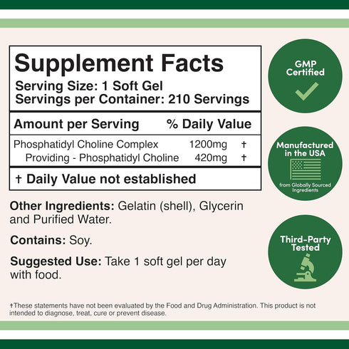 Phosphatidylcholine 1,200mg – 210 Softgels – Enhanced Version of Sunflower and Soy Lecithin (Choline Supplements) - Non-GMO and Gluten Free to Sup...