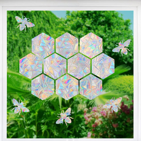 STICKERGURU 16 Pieces Hexagons and Bee Window Clings - Anti-Collision Window Decals to Save Birds from Window Collisions,Non Adhesive Prismatic Vi...