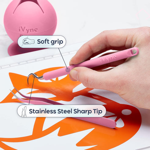 iVyne (8pcs) Premium Vinyl Weeding Tool Kit & Weeding Scrap Collector Soft Grip Tools with Berry, Weeder, Tweezers, Picker Or Hook, and Scraper Se...
