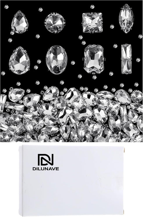 Dilunave 240 Pieces Large Sew on Rhinestones Clear Glass Crystal Gems Diamond Stone Metal Back Prong Setting Crafts Mix Shapes Claw for Jewelry, C...