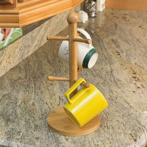 Home Basics Bamboo Mug Tree, Holds Up to 6 Coffee Cups, Free Standing, Circular Base, Kitchen Countertop, Beige (1)...