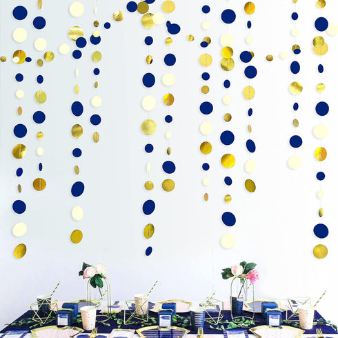 46 Ft Navy Blue and Gold Circle Dots Garland Royal Blue Hanging Paper Polka Dot Streamer for Birthday Wedding Bridal Baby Shower Graduations Nauti...