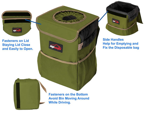 EPAuto Waterproof Car Trash Can with Lid and Storage Pockets, 2.5 Gallon Leakproof, Green...