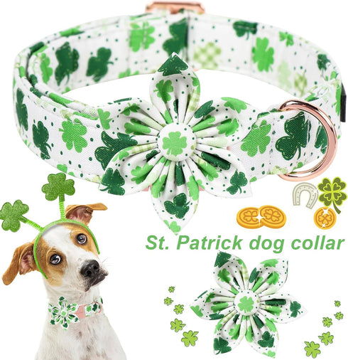 ARING PET St Patrick's Day Dog Collar-Cute Clovers Dog Collar with Flower, Adjustable Cotton Shamrock Pet Collar Puppy Collars with Metal Buckle...