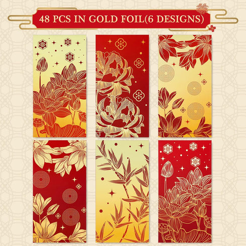 48Pcs Chinese New Year Red Envelopes 6 Classic Design Red Gold Hong Bao Lotus Peony Floral Spring Festival Lucky Money Pocket for Party Wedding Ch...
