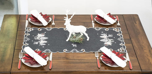 Embroidered Christmas Holiday Silver Reindeer & Christmas Scene on Dark Gray Rectangle Table Runner, Dresser Scarf (16Wx33L)...