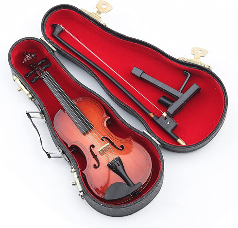 Dselvgvu Wooden Miniature Violin with Stand,Bow and Case Mini Musical Instrument Miniature Dollhouse Model Ornament Home Decoration (5.63"x2.05"x0...
