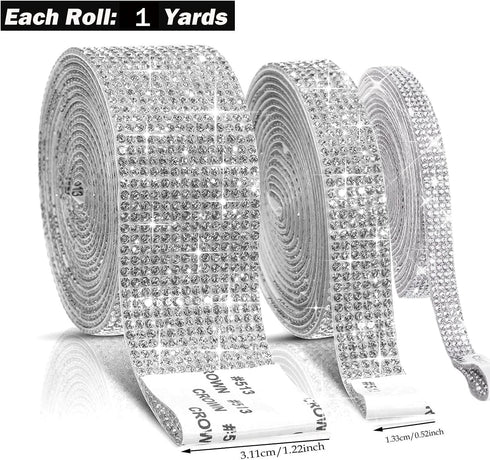 3 Rolls Self-Adhesive Crystal Rhinestone Diamond Ribbon 3 Yards DIY Decoration Sticker with 2 mm Rhinestones for Arts Crafts, DIY Event Car Phone ...