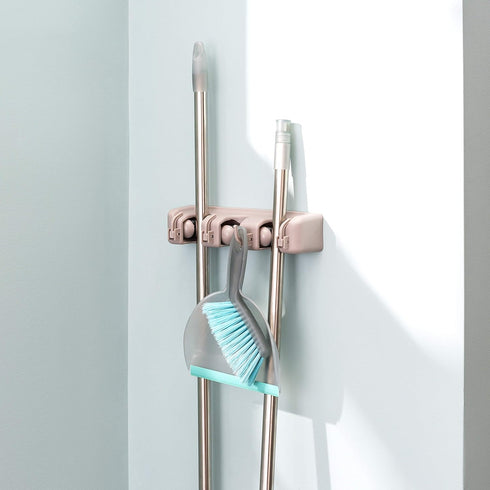 Home Basics Mop and Broom Wall Mounted Rack Organizer, 3 Slots and 4 Hooks...