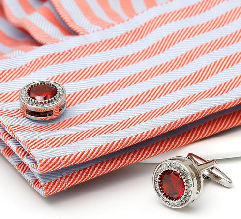 Red Crystal Gemstone Cufflinks for Men Lady In Gift Case Silver Round Men's Cufflinks Jewelry Set for Wedding Anniversary Business Party Events Tu...