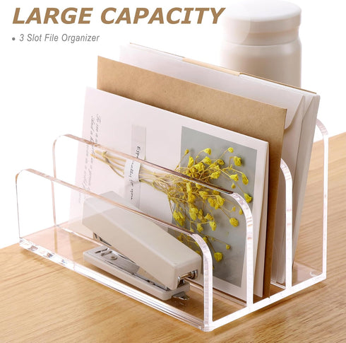 SANRUI Acrylic File Mail Desktop Organizer Sorters,3 Compartments Laddered Clear Desk Letter Organizer Office Document Sorter,Multifunction Envelo...