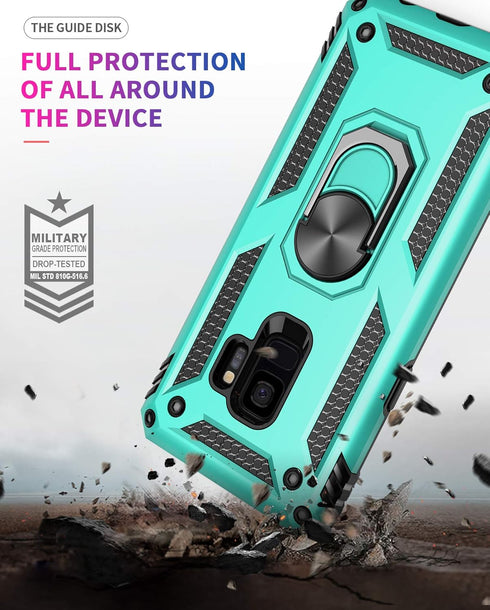 Androgate for Samsung Galaxy S9 Case with HD Screen Protectors, Military-Grade Metal Ring Holder Kickstand 15ft Drop Tested Shockproof Cover Case ...