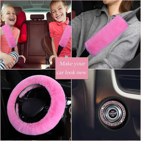 1 Set 8 Pieces Fluffy Car Accessories Set for Women,Fuzzy Steering Wheel Cover Cute Car Accessories with Gear Shift Cover,Handbrake Cover 15 Inche...