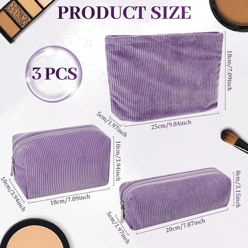 3 Pack Corduroy Makeup Bags, Travel Cosmetic Bags Cute Makeup Bags Corduroy Cosmetic Pouch with Zipper Preppy Skincare Bags Washable Portable Toil...