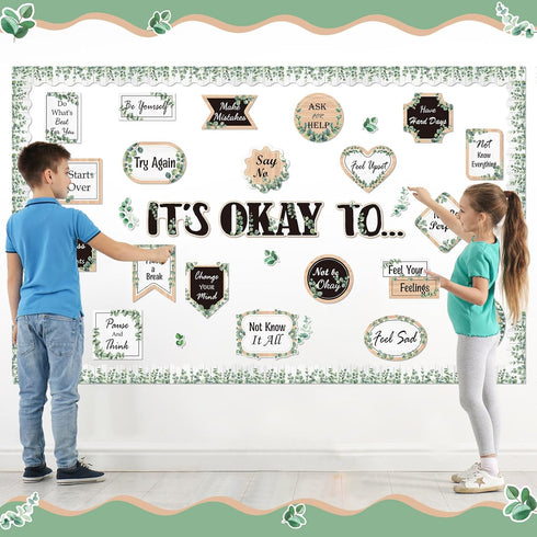 65 Pcs Mental Health Poster It's Okay to Boho Eucalyptus Groovy Bulletin Board Set Inspirational Positive Cutout for Back to School Office Classro...